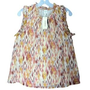 Roan + Ryan Addy Ikat Chiffon Top Sleeveless Ruffle Mock Neck Blouse M Womens